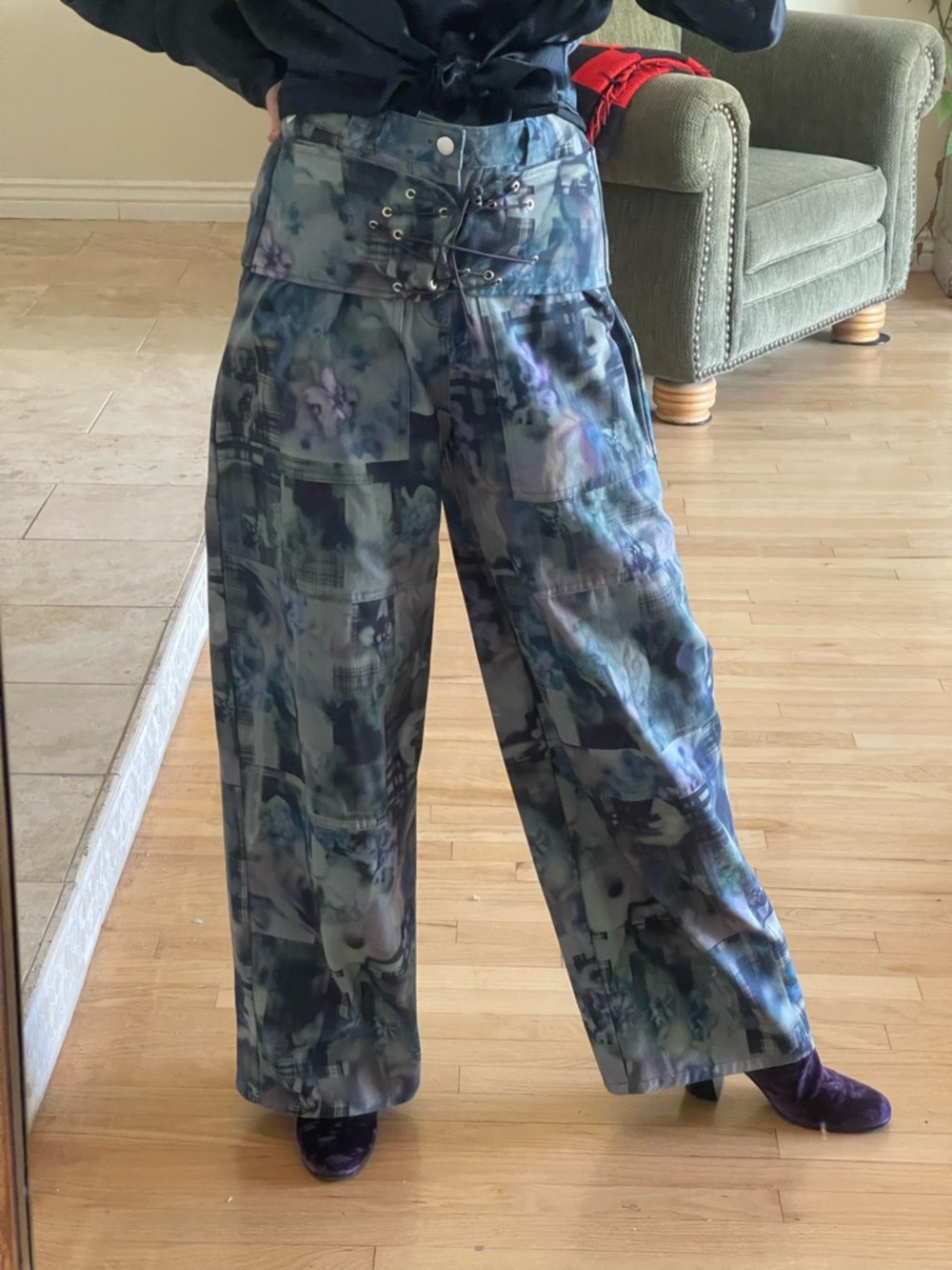 Designer: COLLINA STRADA Navy Garden Blur Bungee Avant Garde Pants Sz M 2 or 4 - Picture 2 of 11